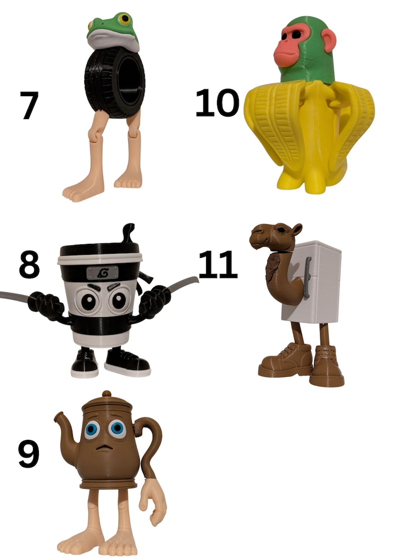 May include: A collection of whimsical figurines, each with a unique design. One features a frog on a tire, another a monkey in a banana, and a coffee cup with arms. Other figures include a teapot and a camel with a refrigerator.