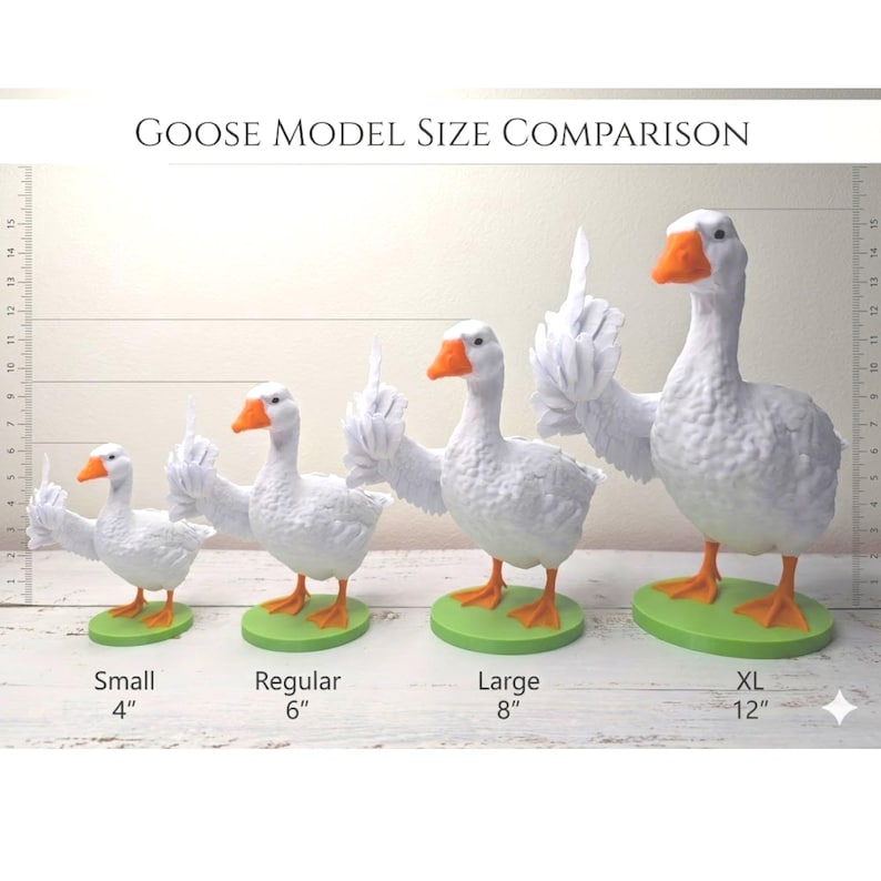May include: A size comparison of goose models. The white geese have orange beaks and feet, and are standing on green bases. The sizes are labeled: Small (10 cm), Regular (15 cm), Large (20 cm), and XL (30 cm). The geese are gesturing with a raised middle finger.