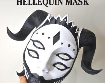 Hellequin Mask | Four Eyed Demon Jester Mask with Horns | Black & White Gothic Masquerade Costume | Dark Fantasy Cosplay Prop