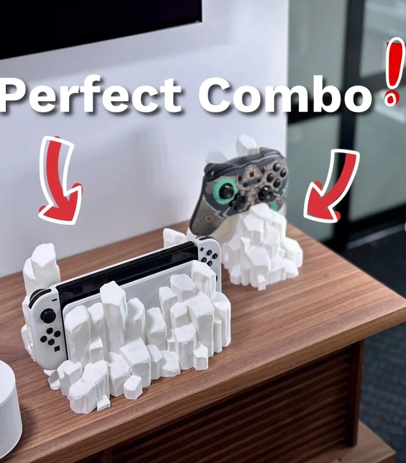May include: White 3D printed stand with a rocky design holding a Nintendo Switch console and a green and black Xbox controller. The text "Perfect Combo!" is written above the stand.
