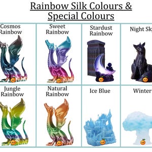 May include: A grid of images showing different silk colors and special colors. The colors include Cosmos Rainbow, Sweet Rainbow, Stardust Rainbow, Night Sky, Jungle Rainbow, Natural Rainbow, Ice Blue, and Winter.