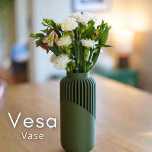 May include: Olive green vase with a unique design, holding a bouquet of white carnations and greenery. The vase has a ribbed upper section and a smooth, angled lower section. The word "Vesa" and "Vase" are printed on the front.