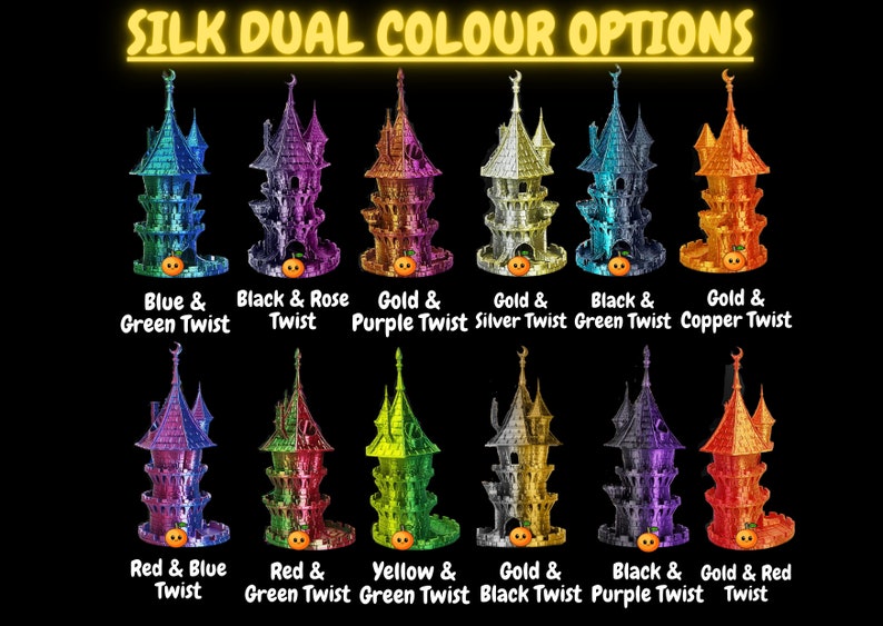 K&ouml;nnte beinhalten: Eine Sammlung von Seiden-Schlossfiguren in verschiedenen zweifarbigen Kombinationen. Das Bild zeigt Optionen wie Blau und Gr&uuml;n, Schwarz und Rose, Gold und Lila sowie Gold und Silber. Jedes Schloss hat einen K&uuml;rbis an der Basis und den Text "SILK DUAL COLOUR OPTIONS".