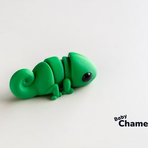 May include: A small green chameleon figurine with black eyes. The figurine is made of a smooth, pliable material and has a curled tail. The text "Baby Chameleon" is printed below the figurine.