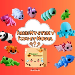May include: A colorful assortment of fidget toys, including a panda, a fox, a frog, a caterpillar, an octopus, an axolotl, and a fish. The toys are arranged around a cloud with the text "FREE MYSTERY FIDGET MODEL ???" and a box with a cartoon face and the text "BLAMMY CREATIONS".