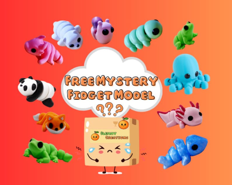May include: A colorful assortment of fidget toys, including a panda, a fox, a frog, a caterpillar, an octopus, an axolotl, and a fish. The toys are arranged around a cloud with the text "FREE MYSTERY FIDGET MODEL ???" and a box with a cartoon face and the text "BLAMMY CREATIONS".