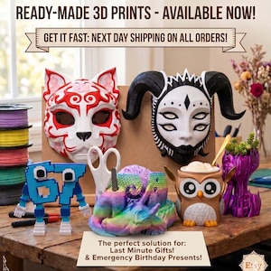 Puede incluir: Una colección de artículos impresos en 3D, incluyendo máscaras, una figura pixelada azul, una taza de búho y un caracol arcoíris. El texto dice "READY-MADE 3D PRINTS - AVAILABLE NOW!" y "GET IT FAST: NEXT DAY SHIPPING ON ALL ORDERS!"