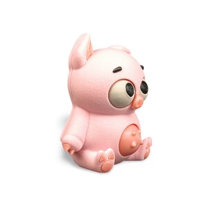 May include: A pink figurine of a pig with large, expressive eyes and a light pink belly. The pig is sitting with its legs outstretched and its arms at its sides. The figurine has a cartoonish design.