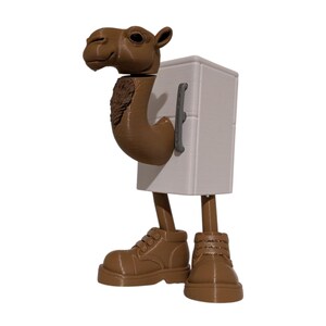 May include: A whimsical figurine of a camel with a refrigerator body, brown legs, and brown boots. The camel's head and neck are brown, and the refrigerator is white with a gray handle. A unique decorative item.