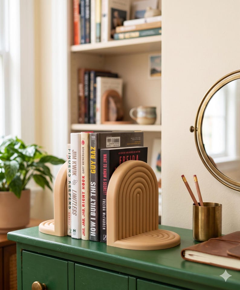 Op de afbeelding: Beige boogvormige boekensteunen met een gelaagd ontwerp houden verschillende boeken vast. De boeken hebben titels als "How I Built This" en "Limitless". Een potplant, spiegel en potloodhouder zijn ook zichtbaar.