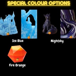 May include: Four 3D printed objects in different colors: ice blue, fire orange, and nightsky. The objects are a castle, a house, a fox, and a swirl.