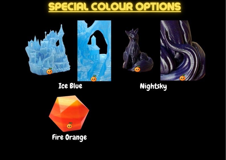 May include: Four 3D printed objects in different colors: ice blue, fire orange, and nightsky. The objects are a castle, a house, a fox, and a swirl.