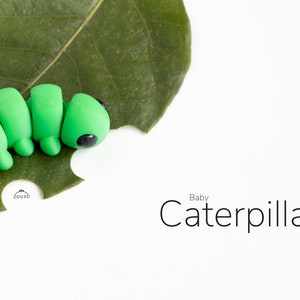 Puede incluir: Una figura de oruga verde brillante con un ojo negro descansa sobre una gran hoja verde con un mordisco. Las palabras "Baby Caterpillar" est&aacute;n escritas en texto negro.