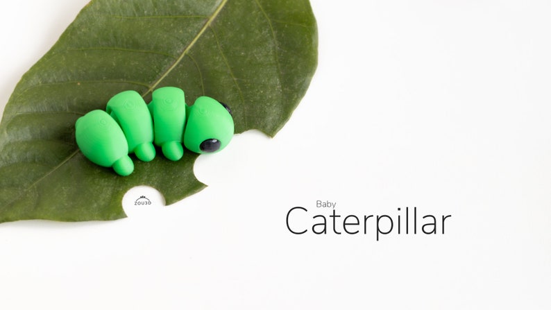Puede incluir: Una figura de oruga verde brillante con un ojo negro descansa sobre una gran hoja verde con un mordisco. Las palabras "Baby Caterpillar" est&aacute;n escritas en texto negro.