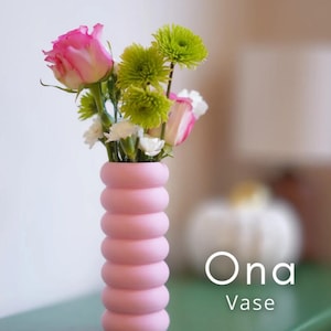 May include: A pink vase with a unique, stacked ring design, holding a bouquet of fresh flowers. The arrangement includes pink roses, green chrysanthemums, and white carnations. The text "Ona Vase" is displayed in white.