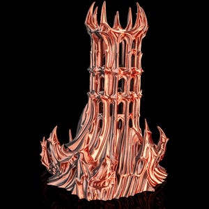 May include: A copper-colored, gothic-style tower with intricate architectural details. The tower features multiple levels with arched windows and a spiked crown. The base has a flowing, textured design, all set against a black background.