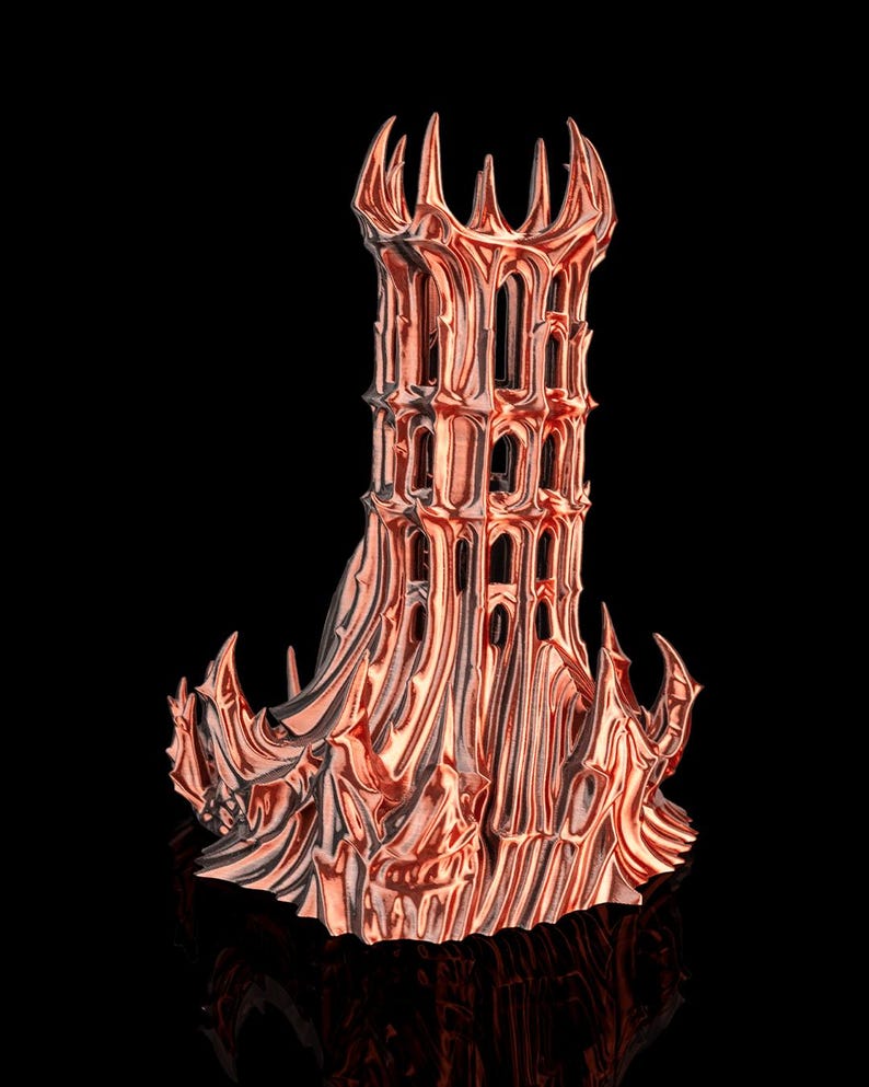 May include: A copper-colored, gothic-style tower with intricate architectural details. The tower features multiple levels with arched windows and a spiked crown. The base has a flowing, textured design, all set against a black background.