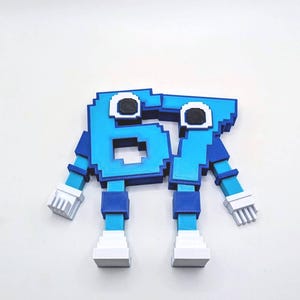 May include: A blue, pixelated number six with arms, legs, and eyes. The number is in a cartoon style, with white hands and feet. The figure is standing on a white surface.
