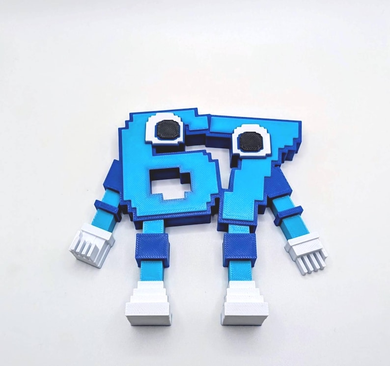 May include: A blue, pixelated number six with arms, legs, and eyes. The number is in a cartoon style, with white hands and feet. The figure is standing on a white surface.