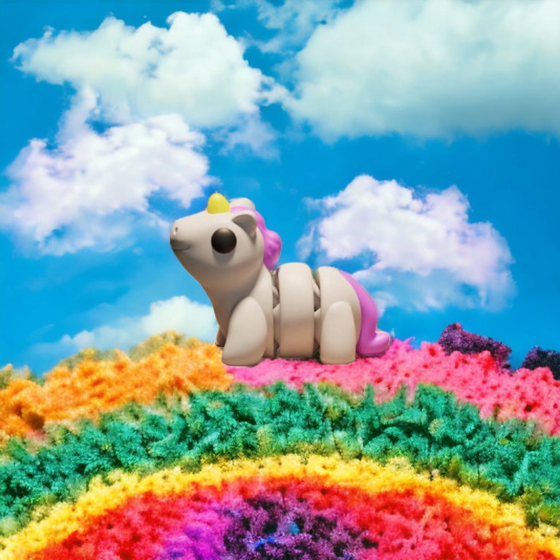 May include: A white and purple segmented unicorn toy sits on a rainbow-colored sand surface. The unicorn has a yellow horn and black eyes.