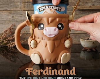 Ferdinand Highland Cow Ice Cream Pint Holder – 3D Printed with Spoon Slots & Snack Drawer | Cute Gift