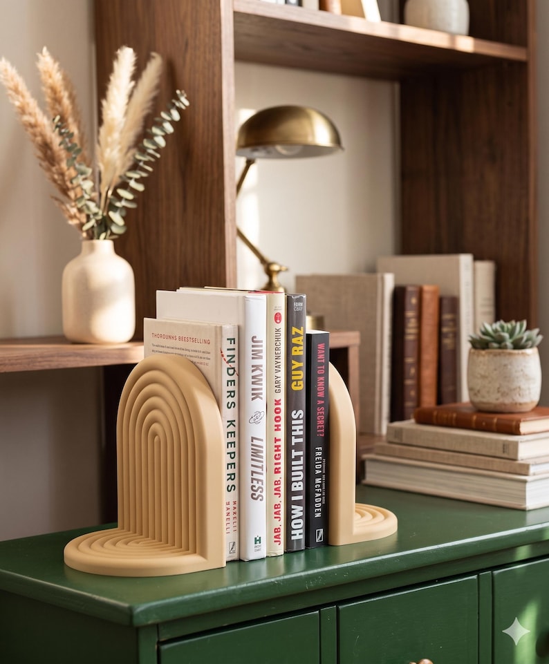 Op de afbeelding: Beige boogvormige boekensteunen met een gelaagd ontwerp, die boeken op een groen oppervlak vasthouden. Titels zijn onder meer "Finders Keepers" en "How I Built This". Een kleine vetplant en een lamp zijn zichtbaar op de achtergrond.