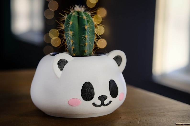 May include: A white ceramic planter shaped like a panda face with black eyes and a pink nose, holding a small green cactus.