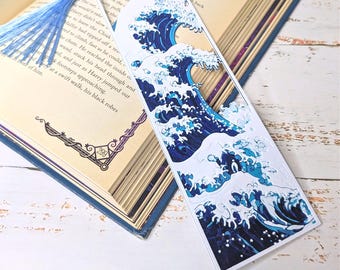 The Great Wave Bookmark with Tassel, Hokusai Japanese Art Book Mark, Unique Gift for Readers, Die Cut Textured Ocean Wave Stationery