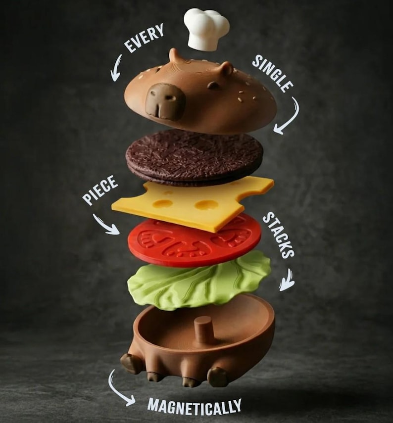Op de afbeelding: Een grillige, gedemonteerde burgerset met een capibara-vormig broodje, een koksmuts en burgerlagen. De tekst luidt: "Elk stuk stapelt magnetisch."
