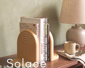 Modern Textured Arch Bookends | Beige Boho Book Stoppers | Concentric Rainbow Book Ends | Minimalist Scandi Home Decor | Bookshelf Display