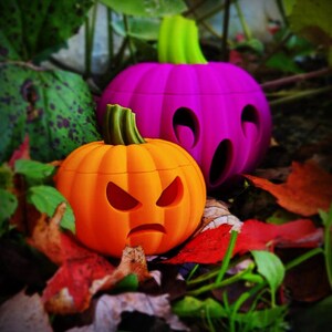 May include: Two Halloween pumpkins, one orange with an angry face and one purple with a ghost face, are sitting on a bed of autumn leaves.