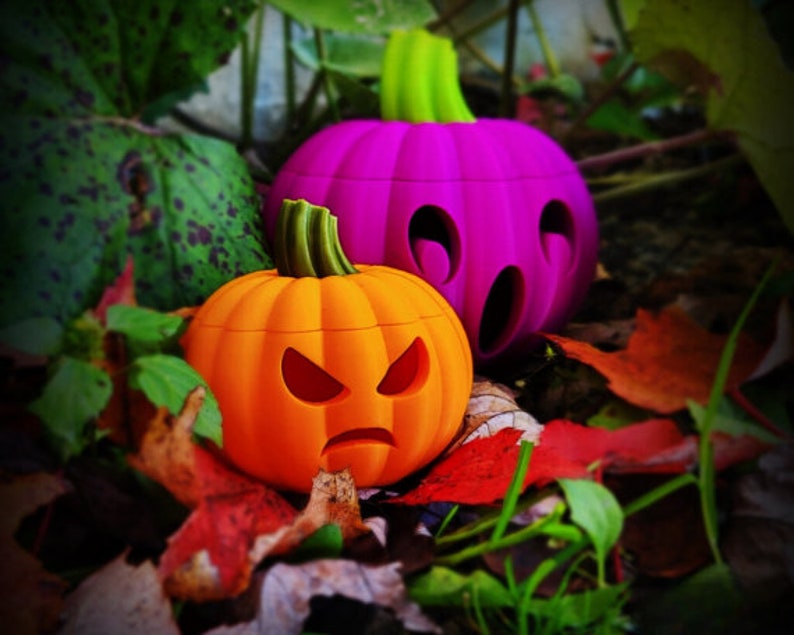 May include: Two Halloween pumpkins, one orange with an angry face and one purple with a ghost face, are sitting on a bed of autumn leaves.