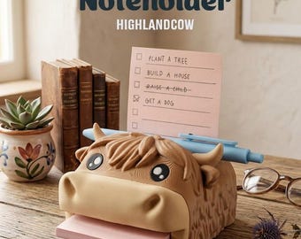 Highland Cow Post-it Note Holder | Desk Organizer with Stencil