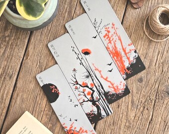 Japanese Art Bookmark Set of 4 | Minimalist Nature Bookmarks | Textured Red and Grey Reading Accessories | Unique Book Lover Gift