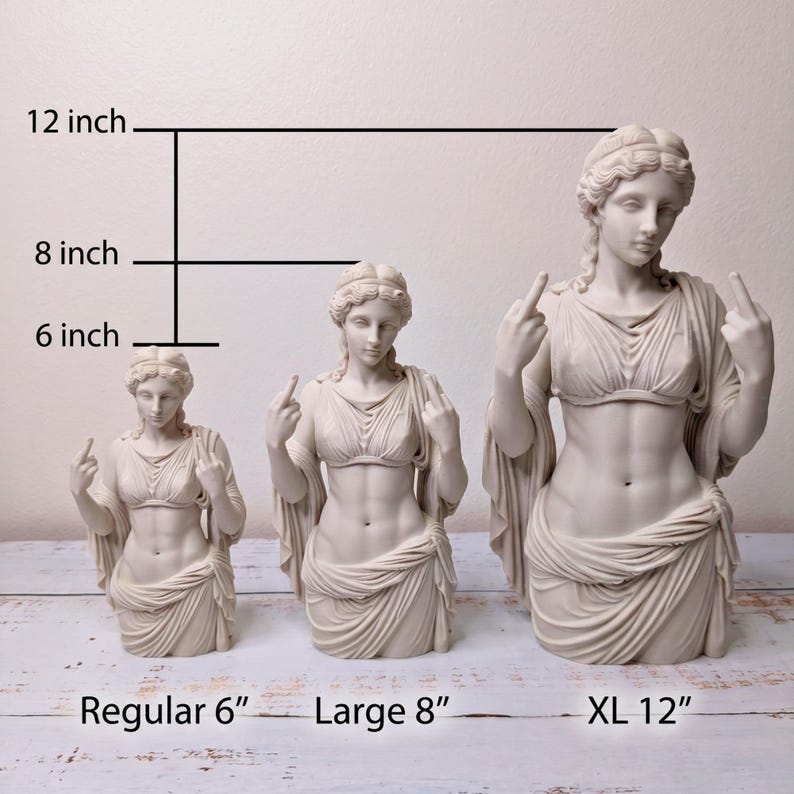 May include: Three off-white statues of a figure in classical drapery, each displaying a middle finger gesture. The statues are labeled by height as Regular 6 inch, Large 8 inch, and XL 12 inch, with corresponding measurement lines indicating their sizes.