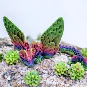May include: A small, colourful, 3D printed dragon figurine with iridescent wings. The dragon is curled up on a bed of green succulents and rocks.