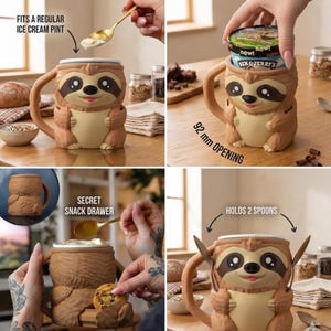 Cute Sloth Ice Cream Pint Holder with Spoon Slots | Unique Animal Ice Cream Bowl Mug | Gift for Sloth Lovers & Dessert Fans image 2