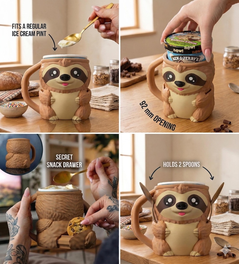 Cute Sloth Ice Cream Pint Holder with Spoon Slots | Unique Animal Ice Cream Bowl Mug | Gift for Sloth Lovers & Dessert Fans image 2