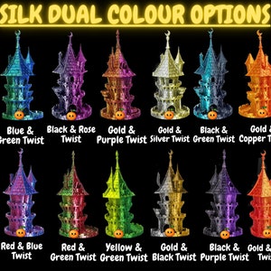 May include: A graphic showing 10 different color combinations for a 3D printed castle. The castle is a multi-level tower with a pointed roof and a crescent moon on top. The color combinations include blue and green, black and rose, gold and purple, gold and silver, black and green, gold and copper, red and blue, red and green, yellow and green, gold and black, black and purple, and gold and red.