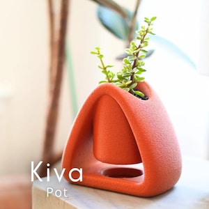 May include: An orange Kiva Pot with a distinctive, contemporary design. The pot has a textured surface and contains a small green plant. The text "Kiva Pot" is displayed in white on the front of the pot.