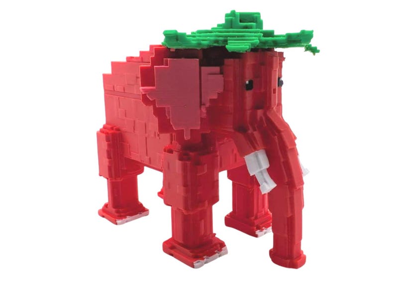 May include: A red, pixelated elephant figurine with green leafy details on its head and white tusks. The toy is made of block-like shapes, giving it a unique, geometric appearance. The elephant stands on four blocky legs.