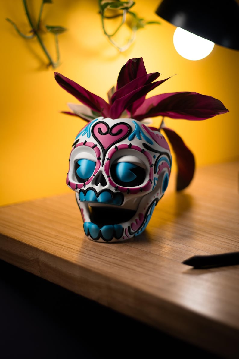 May include: A white, ceramic skull-shaped planter with blue, pink, and teal decorative accents. The planter holds a plant with deep burgundy leaves. The skull sits on a wooden surface against a yellow background.