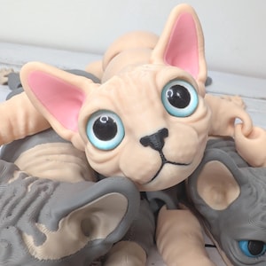 May include: A close-up of several Sphynx cat sculptures. The central cat has a light peach-colored body, large blue eyes, and pink-lined ears. Other cats are gray. The sculptures are detailed and appear to be made of a soft material.