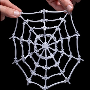 May include: A white plastic spider web toy with a circular center and radiating spokes. The web is flexible and can be stretched and manipulated.