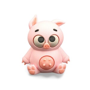 May include: A pink, cartoon-style pig figurine with large, expressive eyes and a round belly. The pig has small ears, a button-like belly detail, and is sitting with its legs crossed. The figurine is made of a textured material.