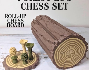 Forest Chess Set | Log & Mushroom Chess Board | Woodland Checkers Game