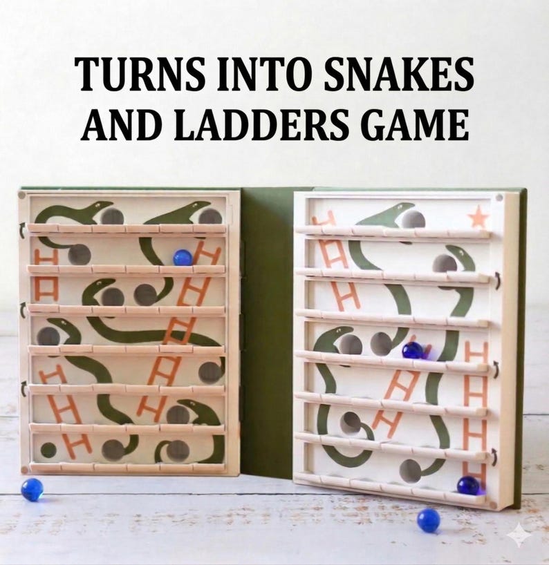May include: A wooden Snakes and Ladders game with a green and white design. The game board features snakes, ladders, and wooden pegs. The text "TURNS INTO SNAKES AND LADDERS GAME" is at the top. Blue marbles are scattered around the game.