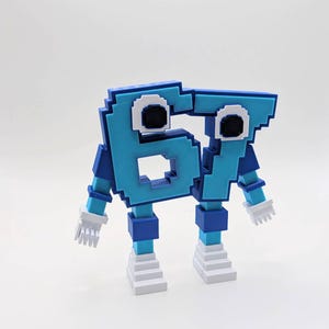 May include: A pixelated sculpture of the numbers 67 in shades of blue. The numbers have arms, legs, and white gloves and shoes, giving them a cartoonish appearance. The background is plain white.