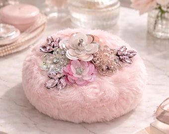 Pink Plush Powder Puff with Sequins Floral Embellishments – 4 Inch Vanity Accessory