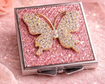 Butterfly Rhinestone Compact Mirror, Pink Glitter Makeup Travel Vanity Accessory